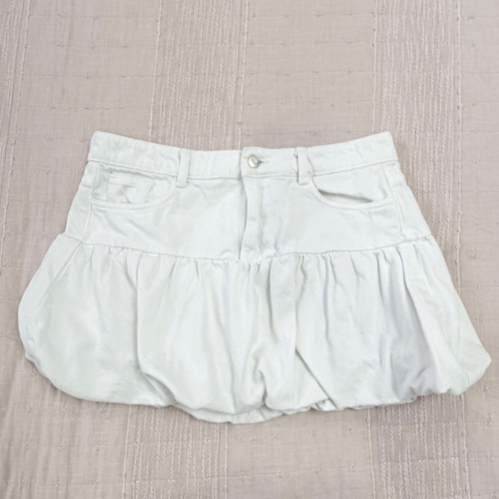 Zara Bubble Hem Mini Skirt Womens L White Denim Balloon Pleated Y2K